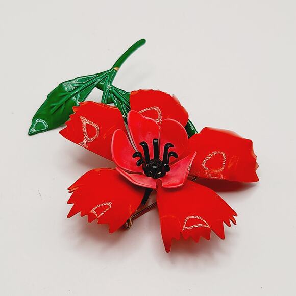 Vintage 1960s Red Green Enamel Flower Brooch - Picture 9 of 10